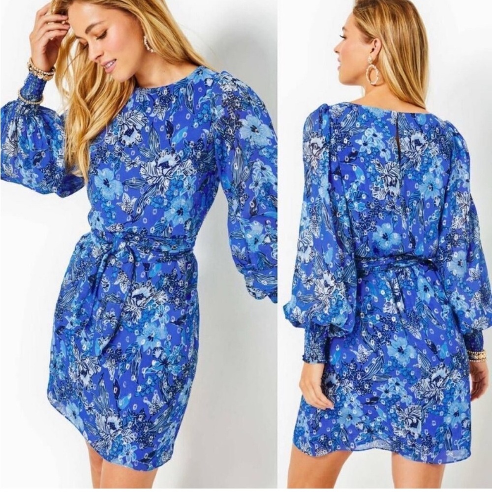 Lilly Pulitzer Alfreda Blue Floral Long-Sleeve Tie-Waist Dress